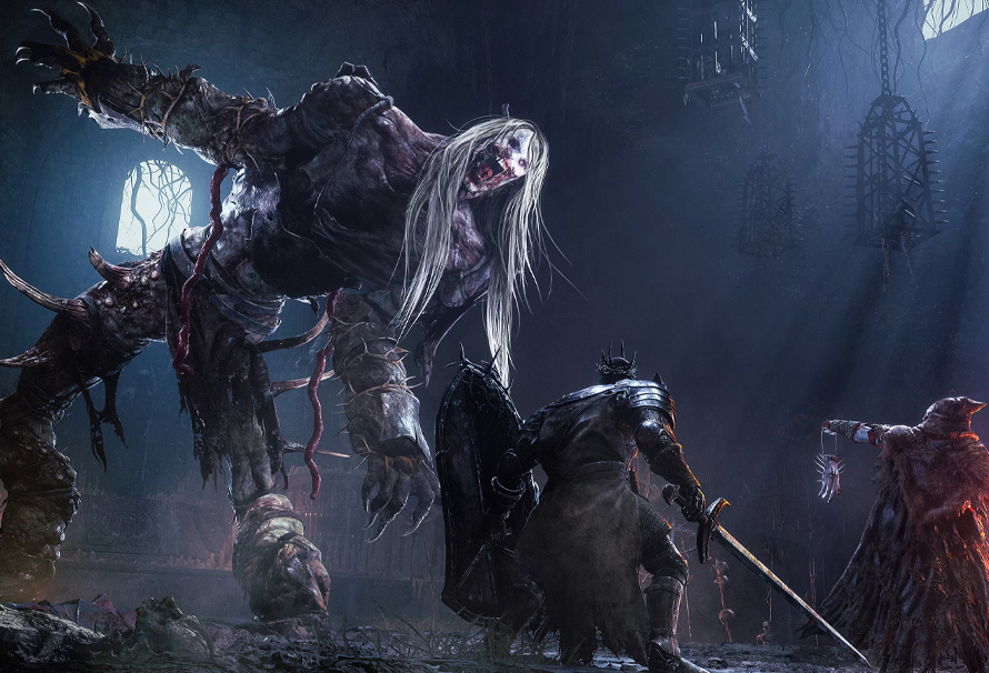 کاراکتر بازی Lords of the Fallen در حال مبارزه با یک غول عظیم‌الجثه در صحنه‌ای تاریک و پرتنش